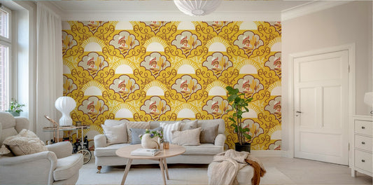 A wallpaper design with yellow cowboy boots and cacti.

