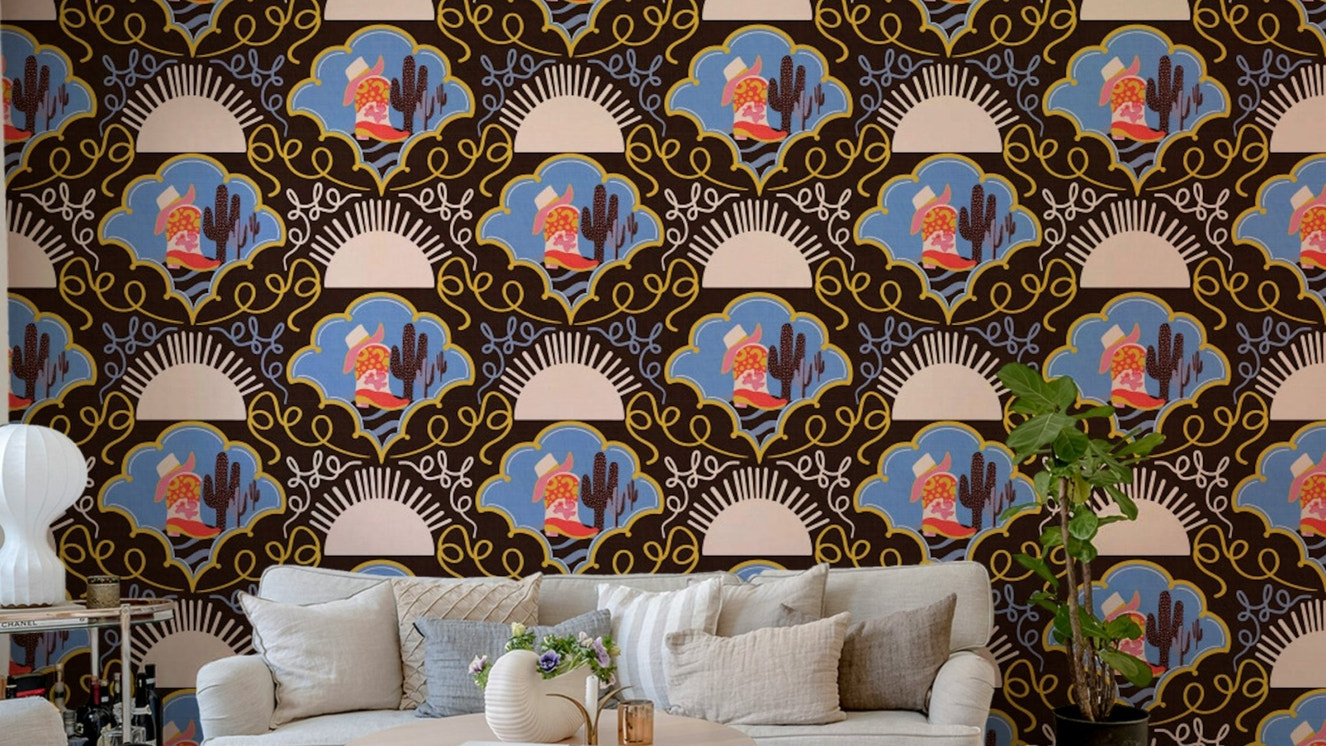 A wallpaper design with red cowboy boots and cacti.

