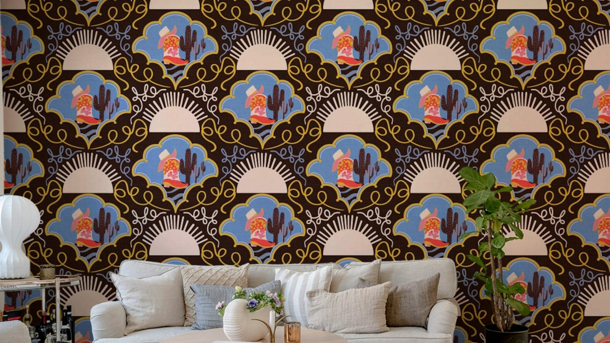 A wallpaper design with red cowboy boots and cacti.

