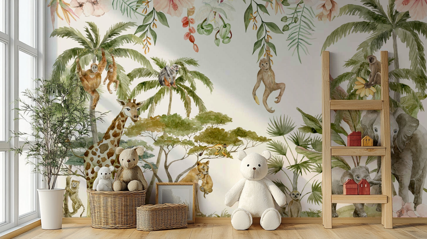 Watercolor mural with wild animals

