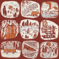 Outdoor adventure wallpaper with repeating rustic patches showing camping and nature scenes.
