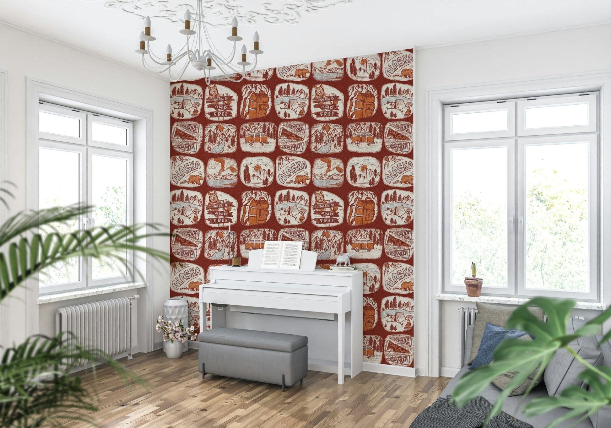 Wilderness Patches wallpaper featuring illustrated nature badges with mountains, forests, and wildlife scenes.