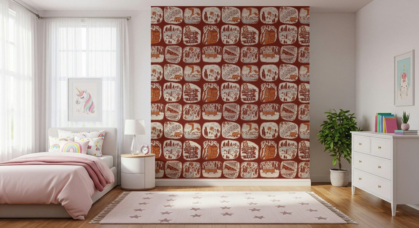 Patterned wallpaper featuring hand-sketched Alaska-themed patches of campers, backpacks, and animals.