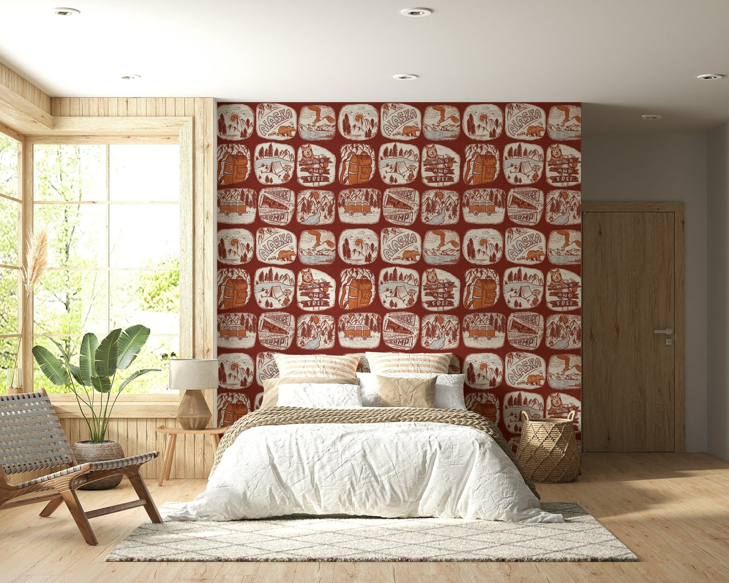 Camping-themed wallpaper mural with badges depicting wilderness trails, wildlife, and scenic views.