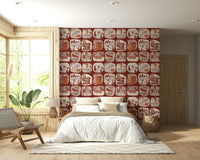Camping-themed wallpaper mural with badges depicting wilderness trails, wildlife, and scenic views.