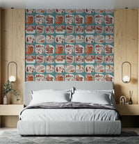 Sketch-style wilderness wallpaper mural with illustrated trees, mountains, and wildlife.