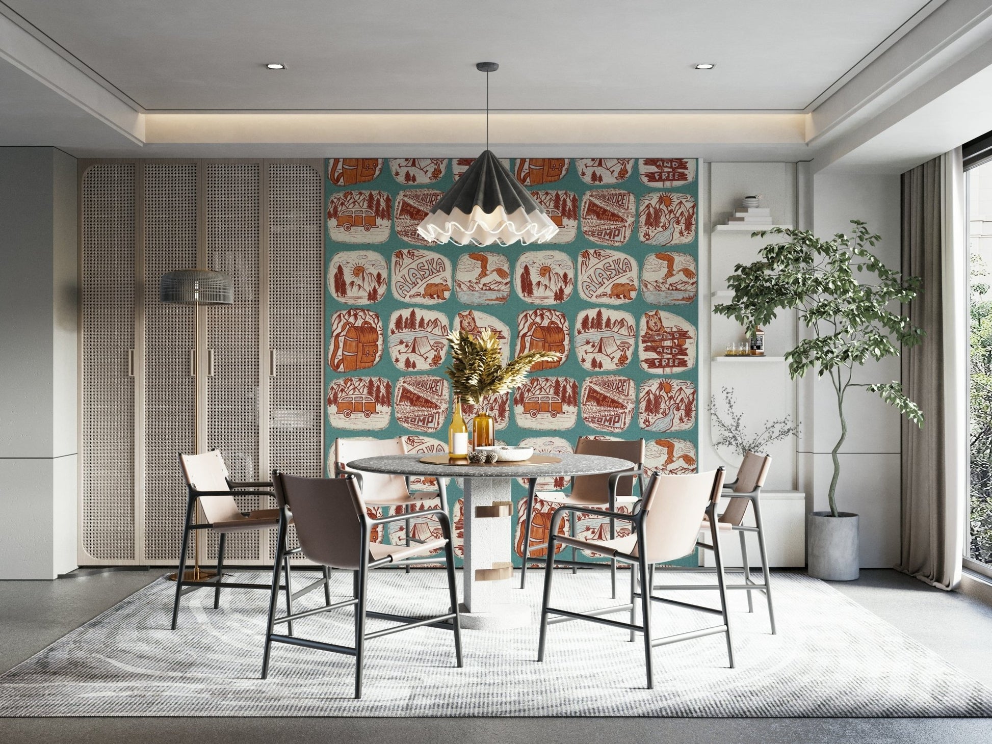 Wilderness illustration wallpaper with lightly sketched outdoor elements and nature symbols.