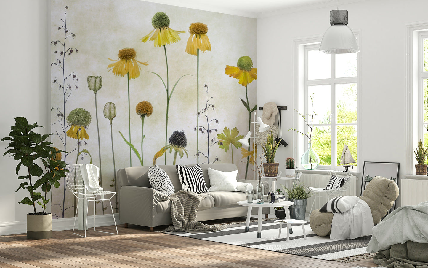 An artistic botanical specimen mural on minimalist wallpaper.

