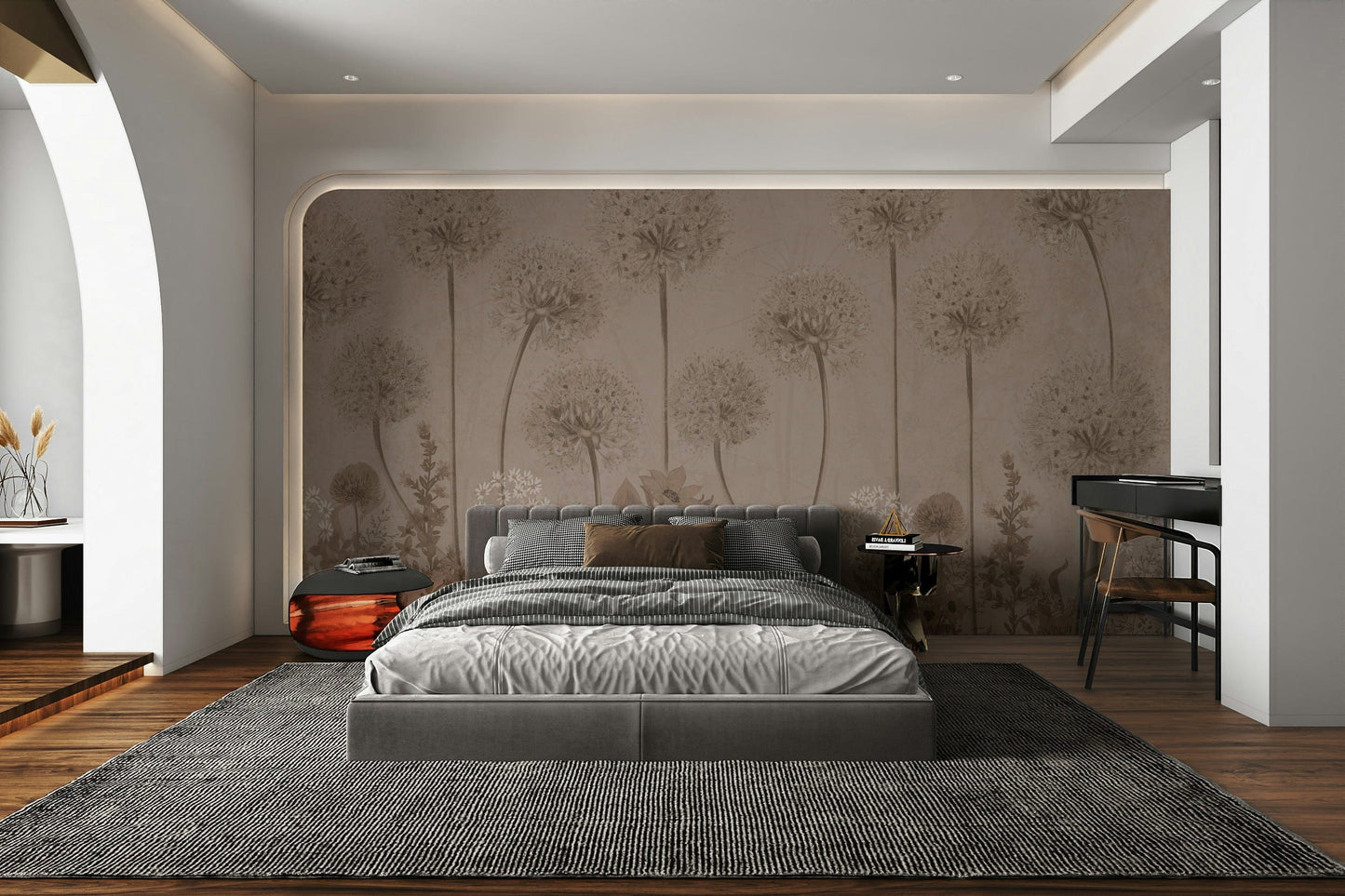 The design features delicate blooming flowers and slender leaves.

