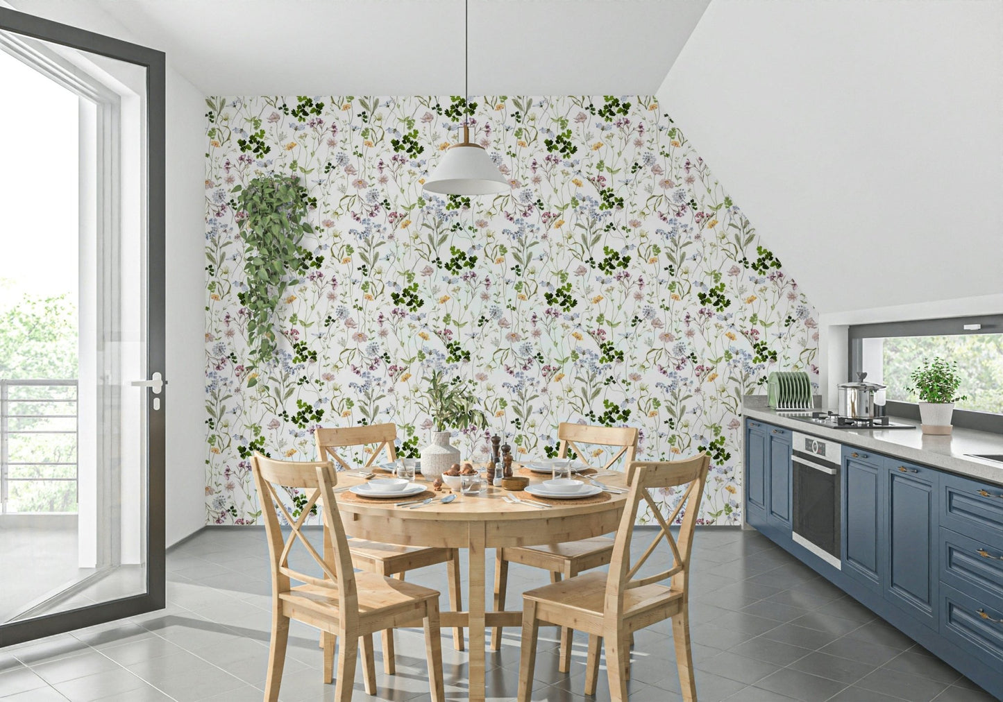Wildflower Early Summer Meadow Wallpaper in a child’s room with natural toys.