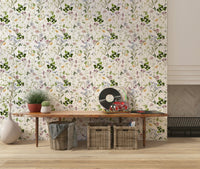 Wildflower Early Summer Meadow Wallpaper in an open-plan living space with oak floors.