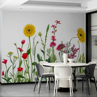 Lively hues (reds, yellows, blues, purples, whites).

