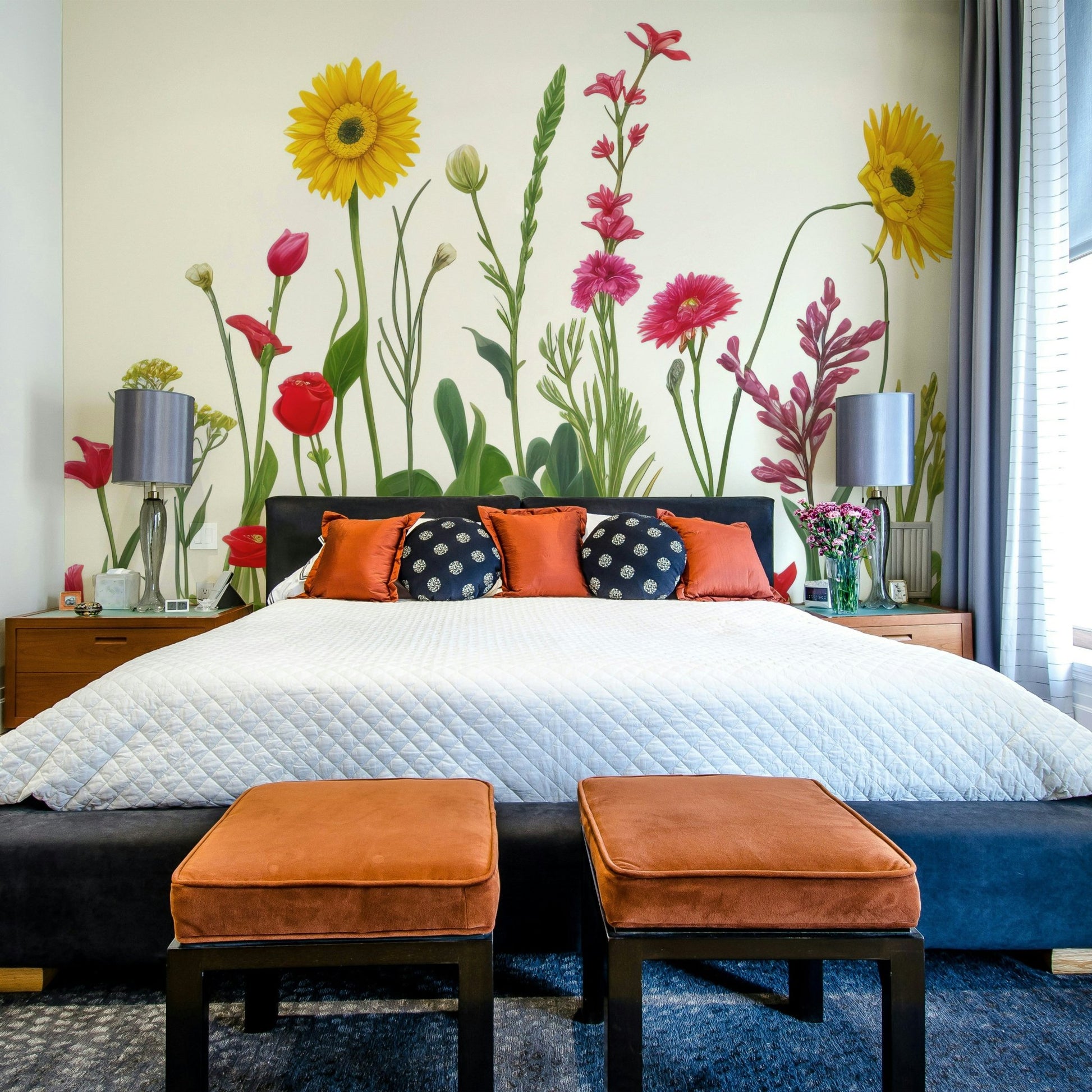 Bright, open sky above the meadow.

