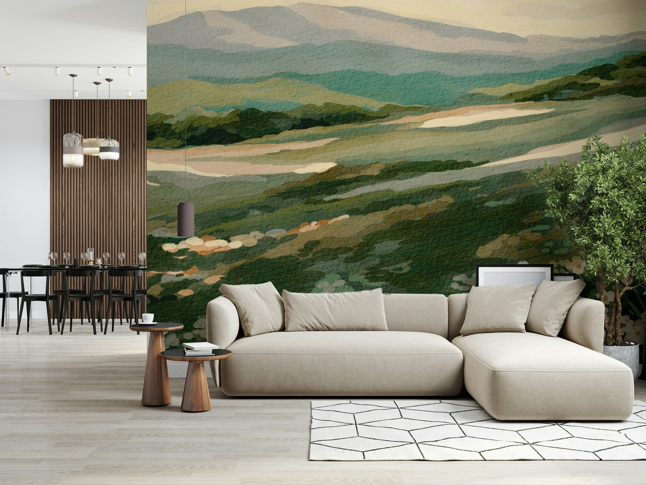 Scenic Floral Meadow Vista wallpaper showing green hills and white blooms for serene interiors.