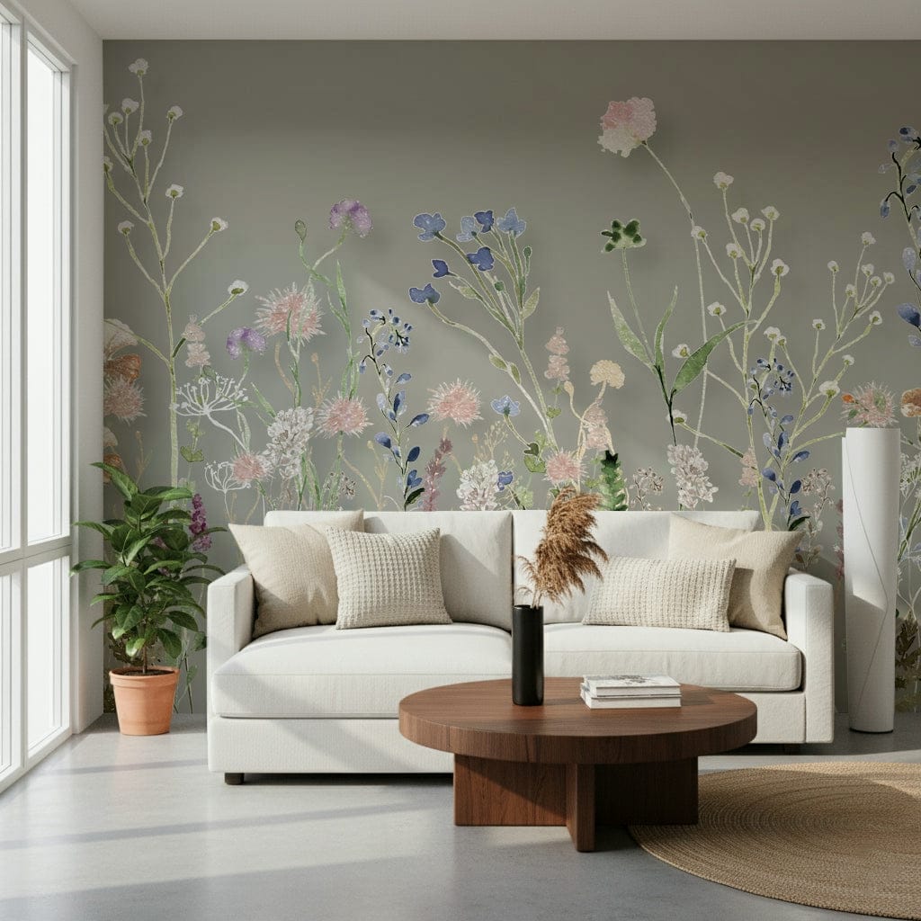 A meadow-inspired wallpaper with delicate wildflowers standing tall on a muted green canvas.