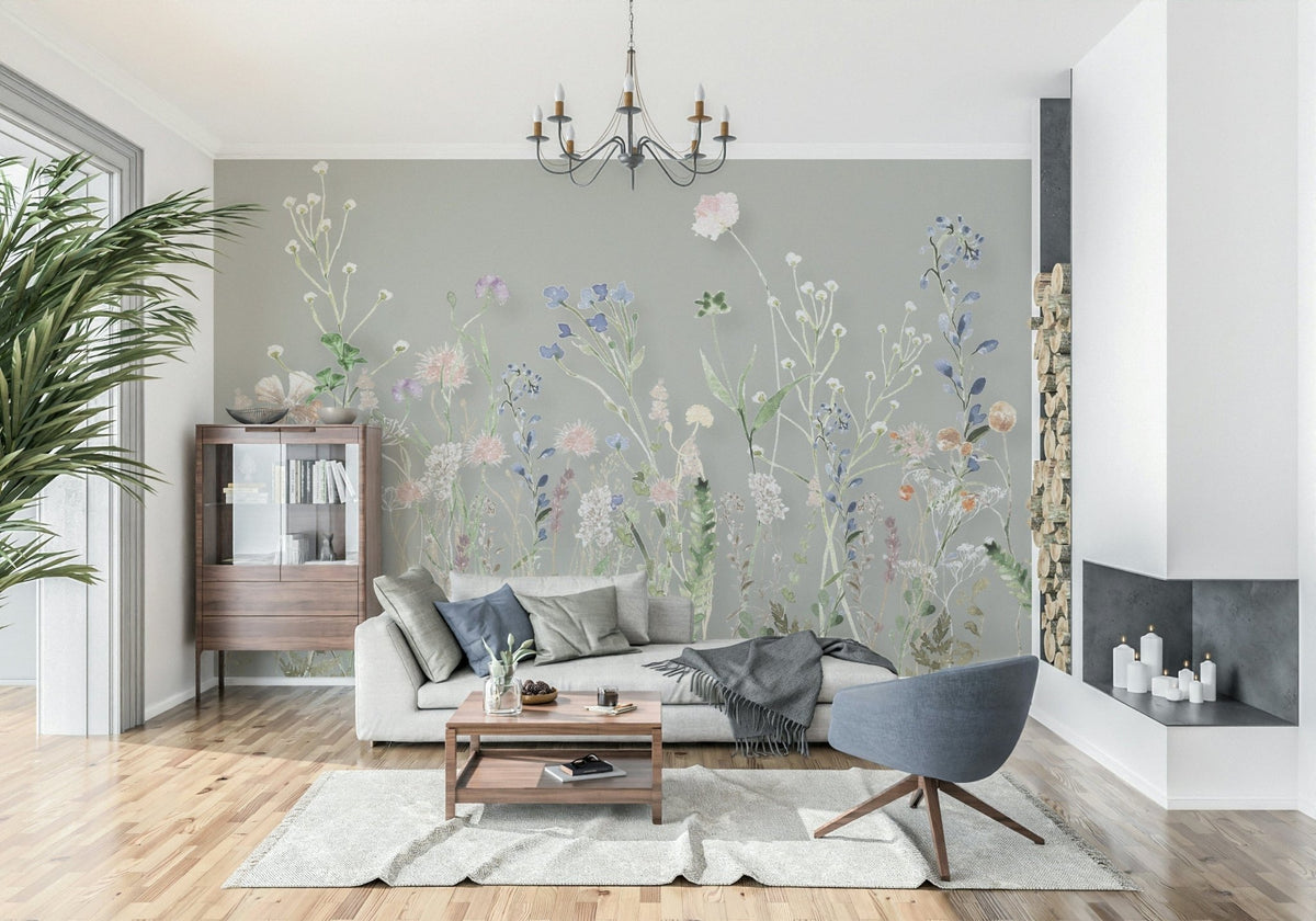 A wildflower wallpaper featuring soft watercolor blooms on a muted green background for a serene look.