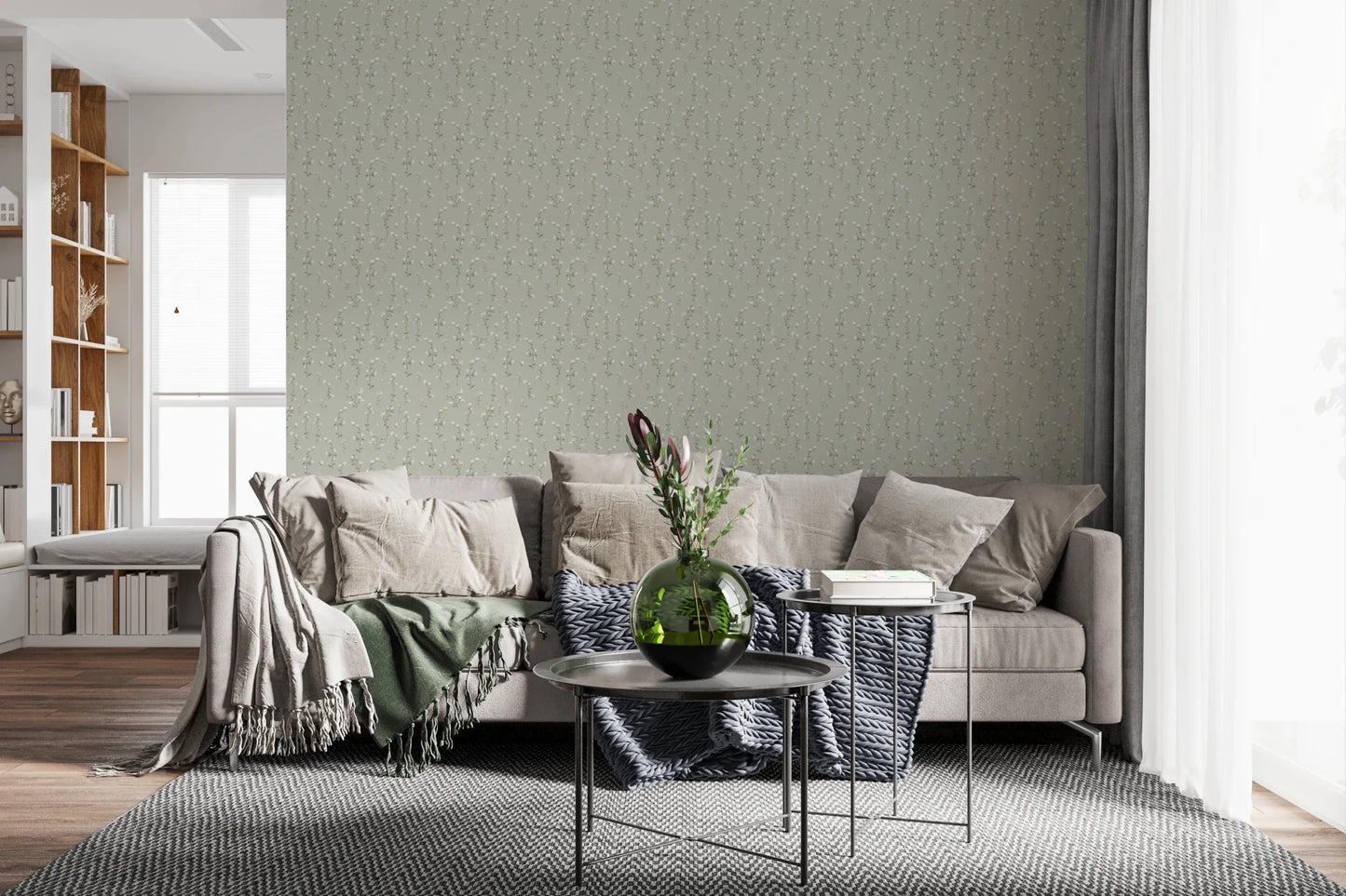 Subtle floral design featuring elegant meadow greenery and white flower buds wallpaper