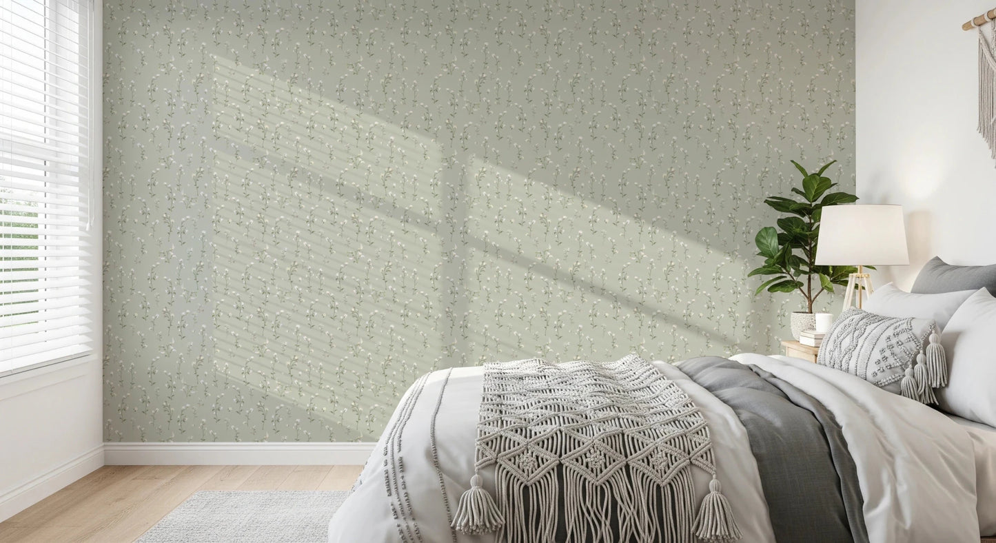 Repeating field flower pattern on pale green background for modern bedroom wall decor