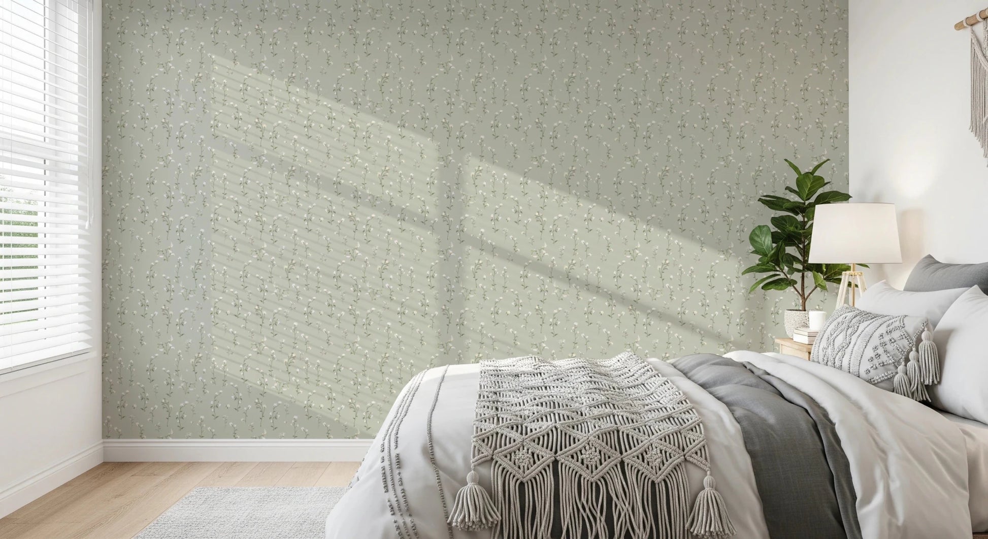 Repeating field flower pattern on pale green background for modern bedroom wall decor