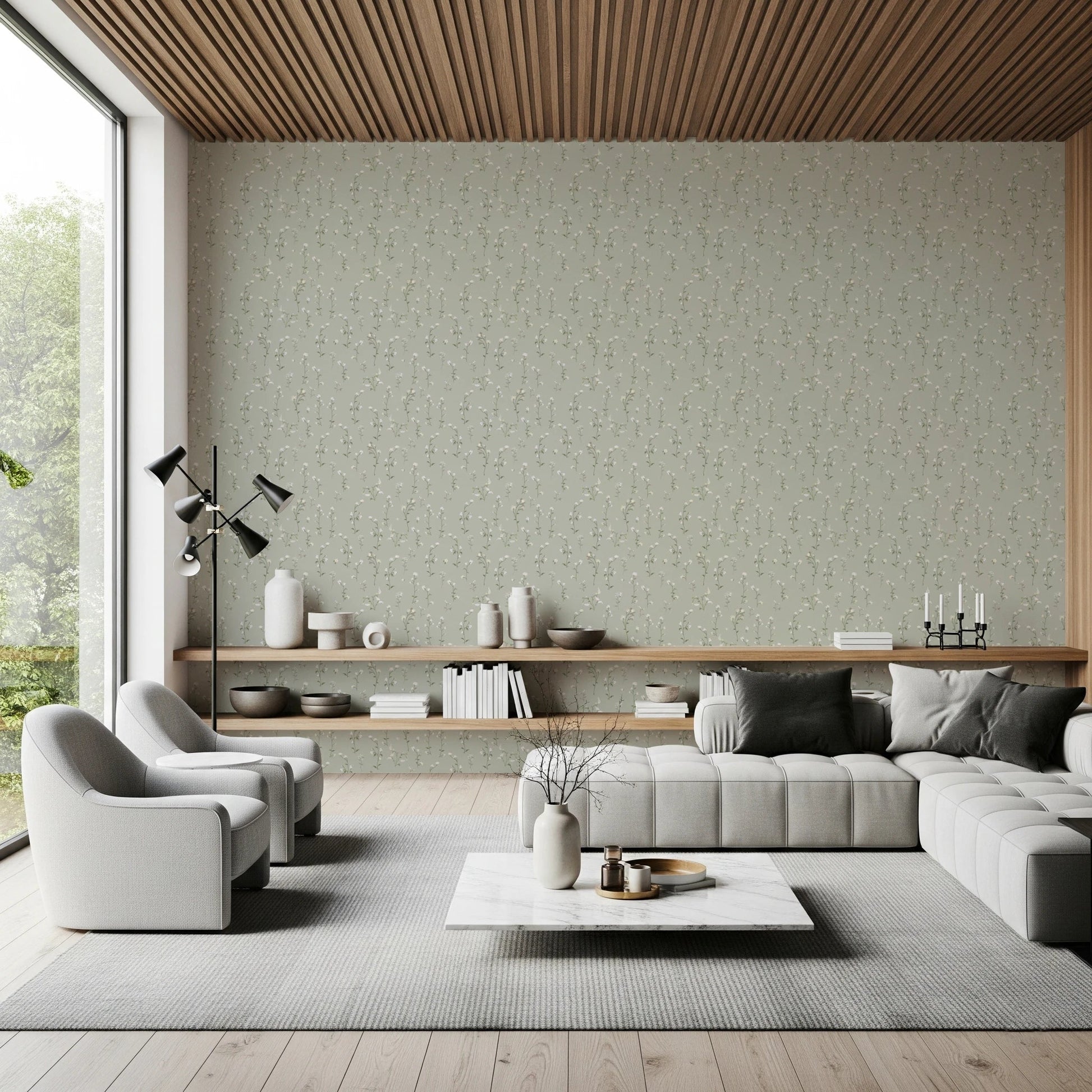 Minimalist spring garden motif living room wallpaper with tiny cream petals on sage