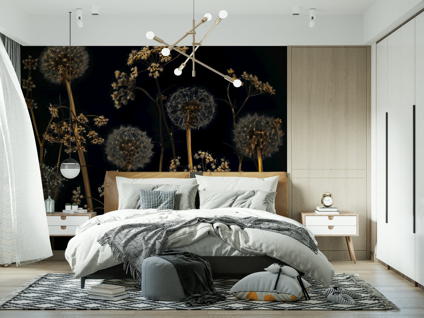 Moody floral wallpaper with detailed wildflower silhouettes standing out against a dark backdrop.