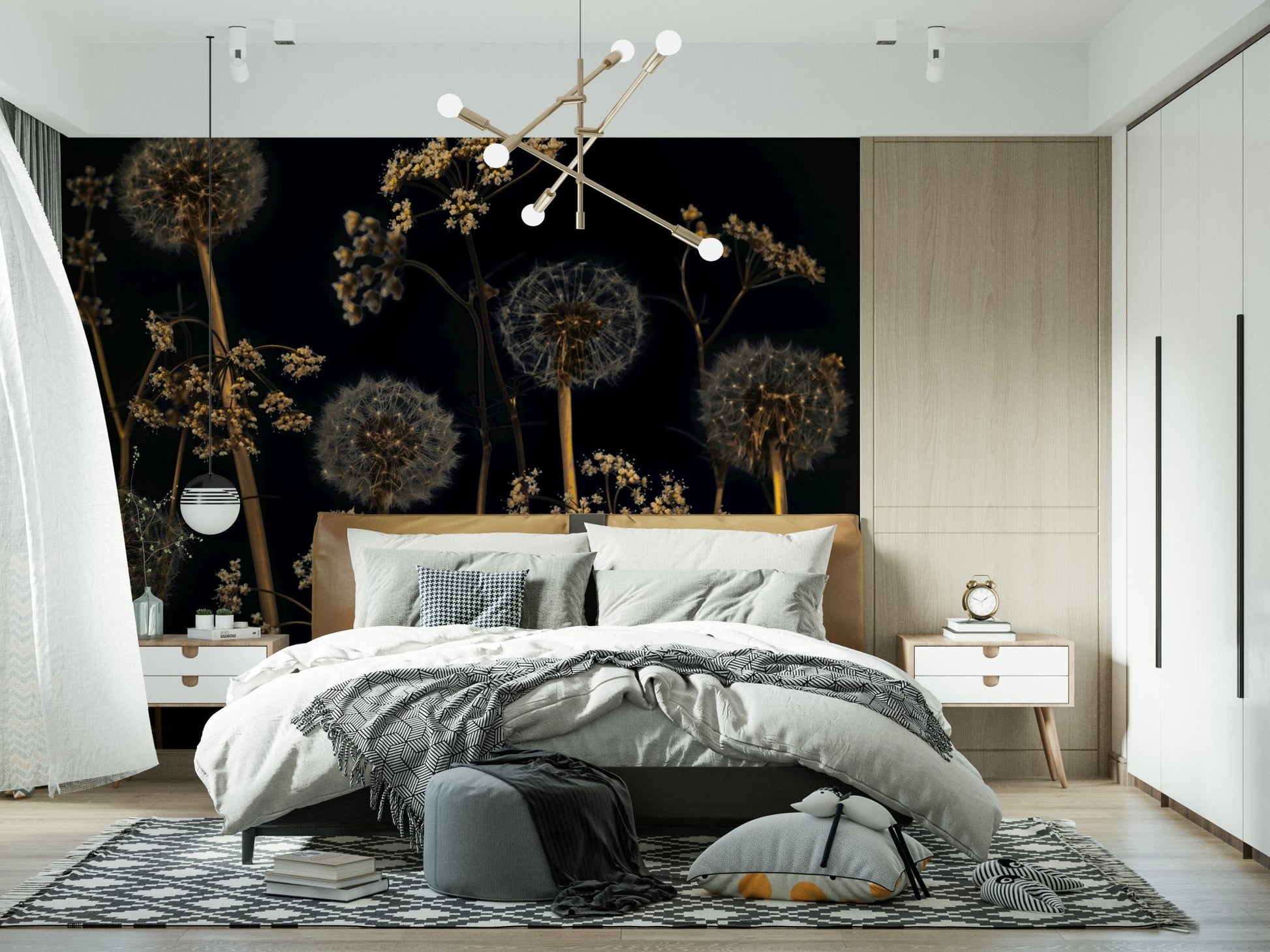 Moody floral wallpaper with detailed wildflower silhouettes standing out against a dark backdrop.