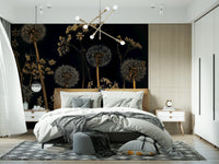 Moody floral wallpaper with detailed wildflower silhouettes standing out against a dark backdrop.