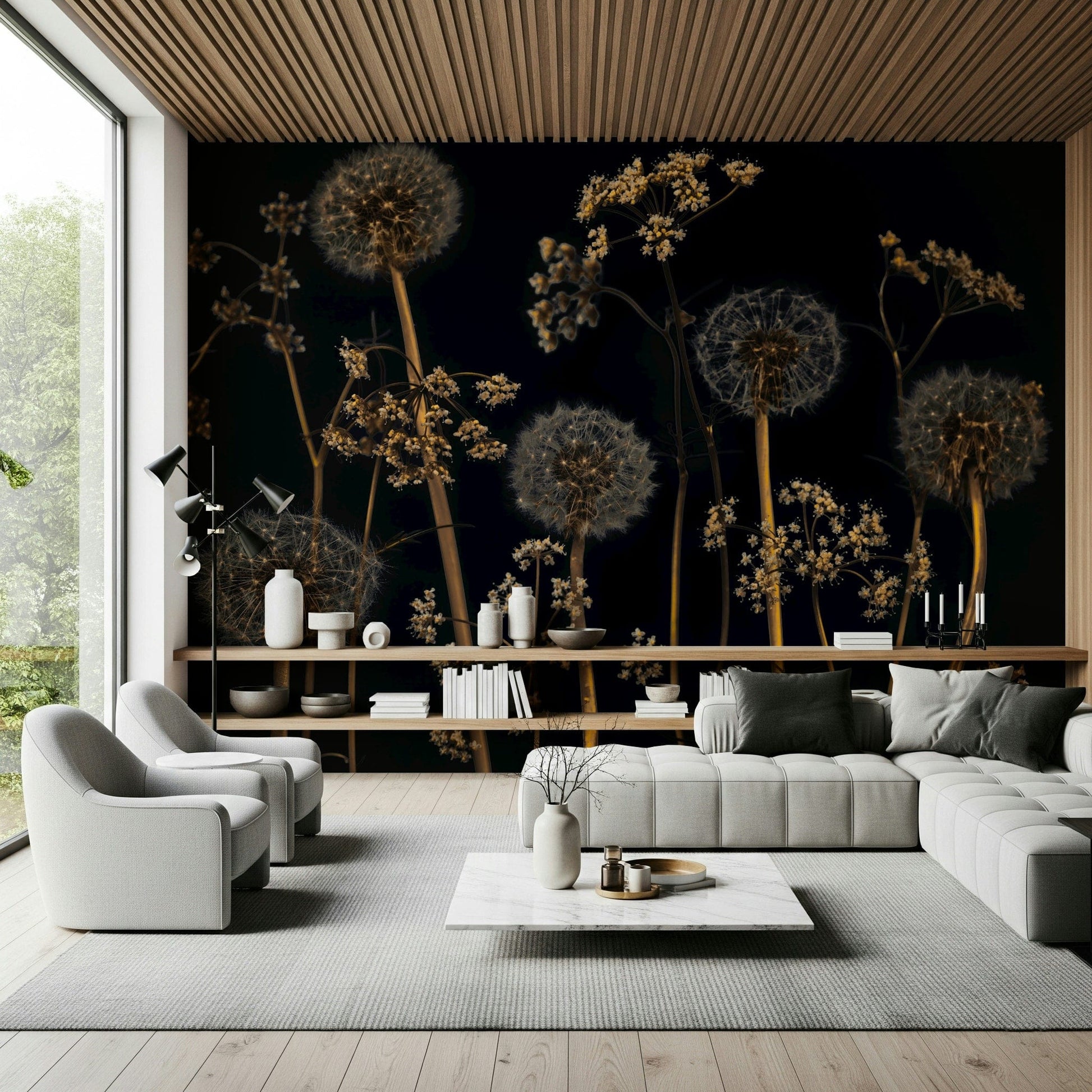Elegant wildflower wallpaper highlighting intricate seed heads and slender stems in warm tones.