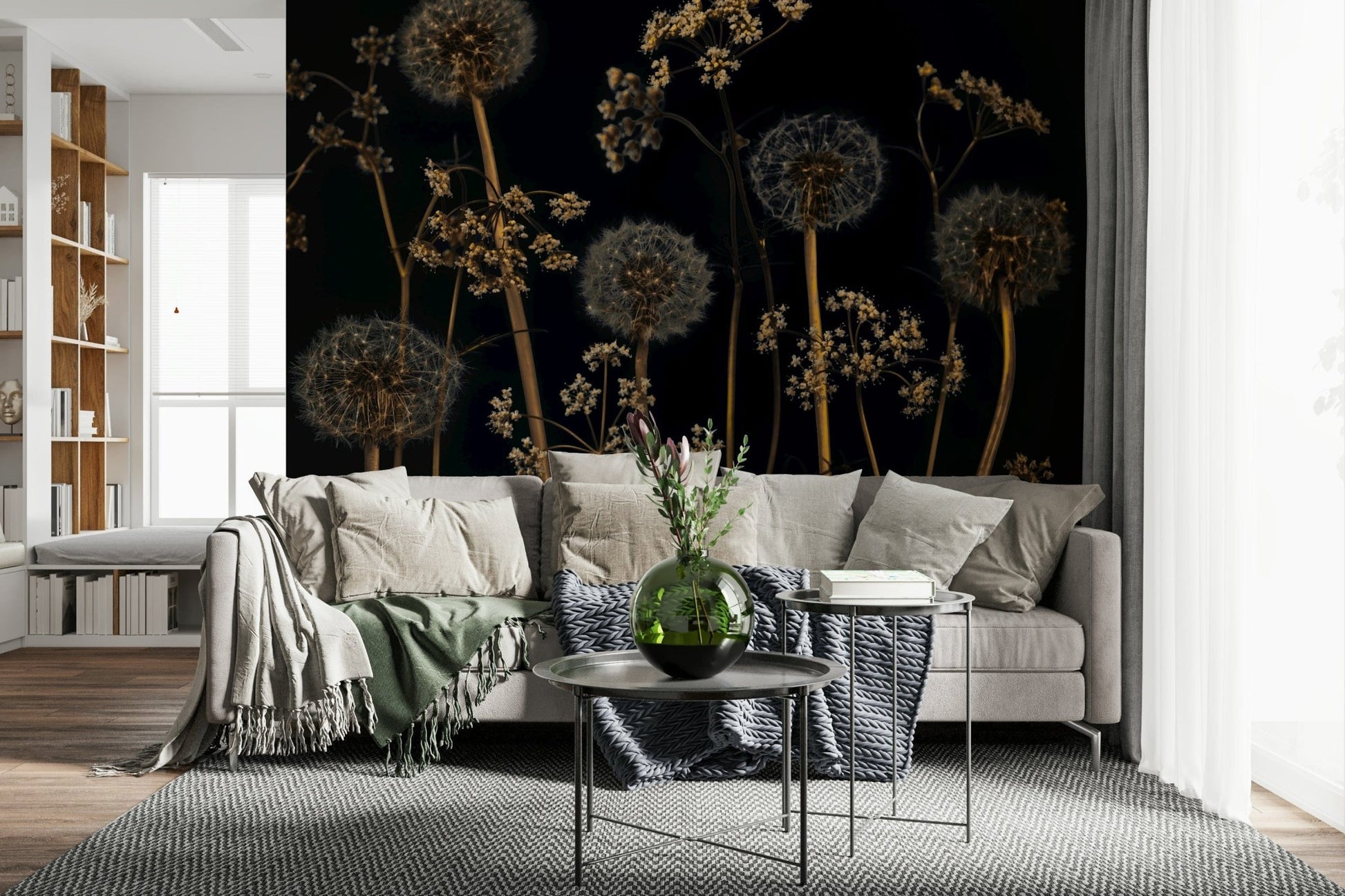 Wildflower Wonderland wallpaper featuring delicate dandelions and dried blooms against a deep black background.