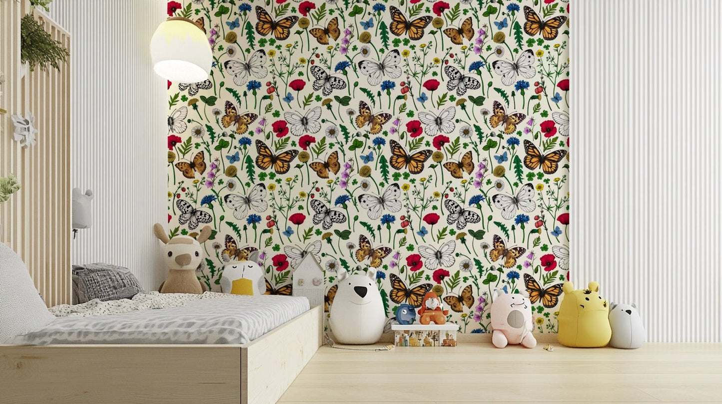 Pastel-colored wallpaper with wildflowers and butterfly patterns

