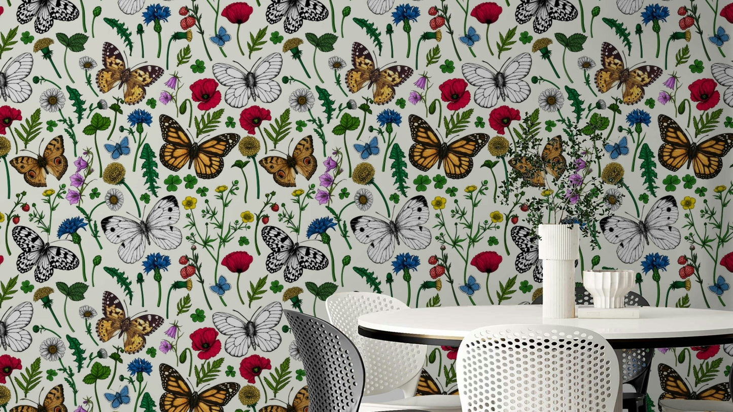 Wildflowers and butterflies wallpaper in soft pastel colors

