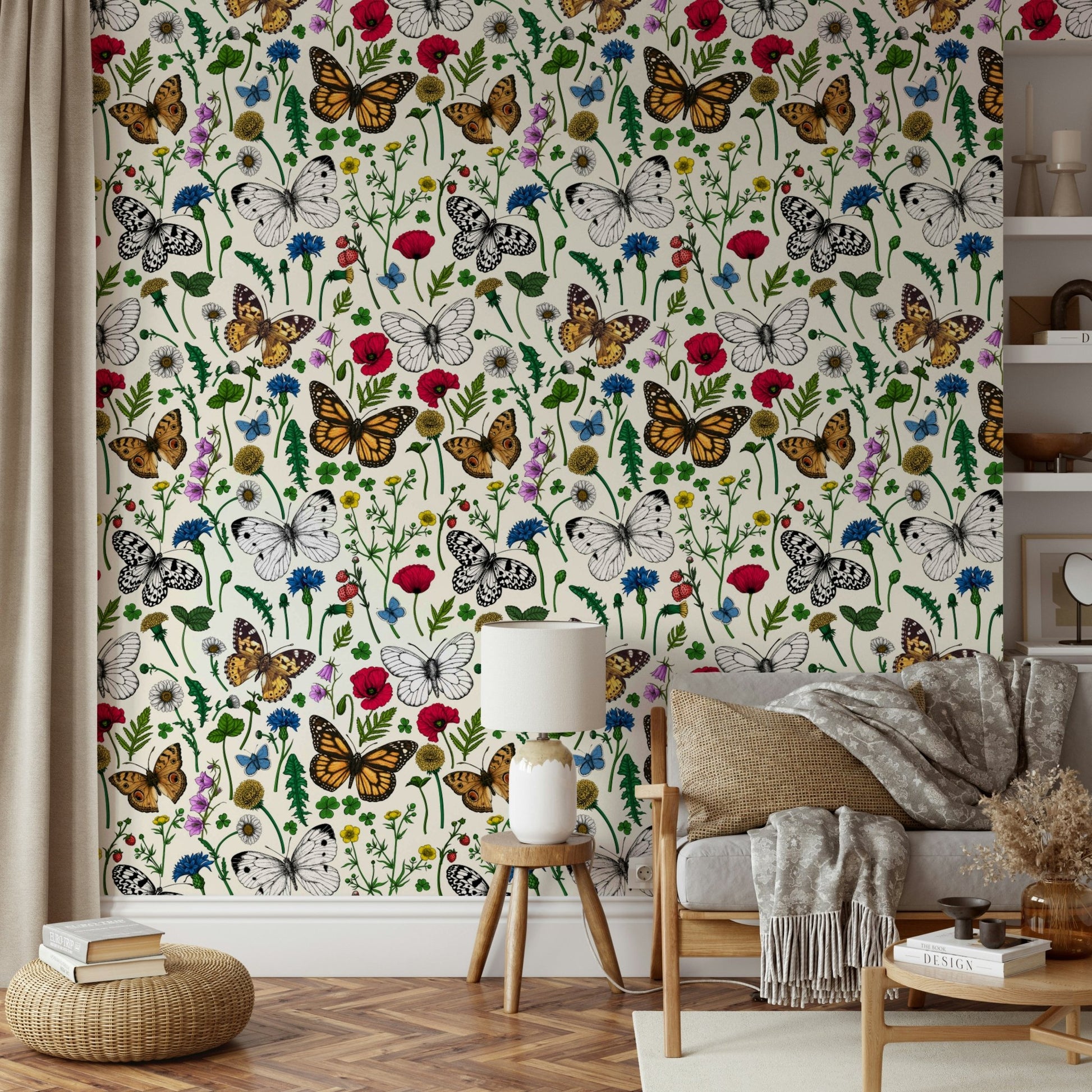 Bright floral wallpaper with wildflowers and fluttering butterflies

