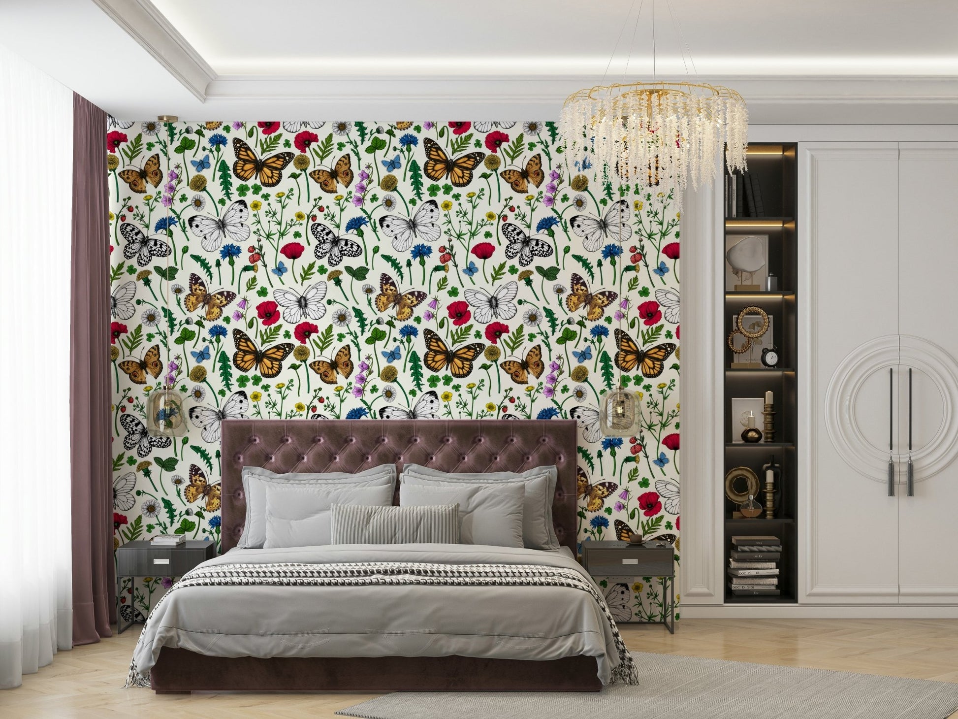 Delicate wildflowers and butterfly wallpaper design

