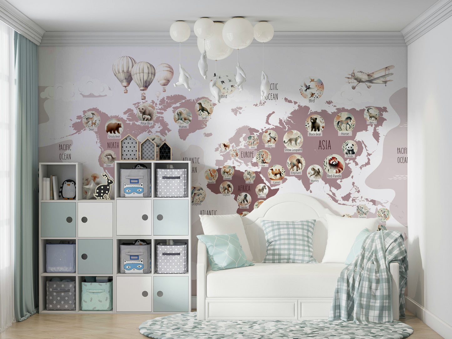 Delightful Wildlife World Map fun wall covering