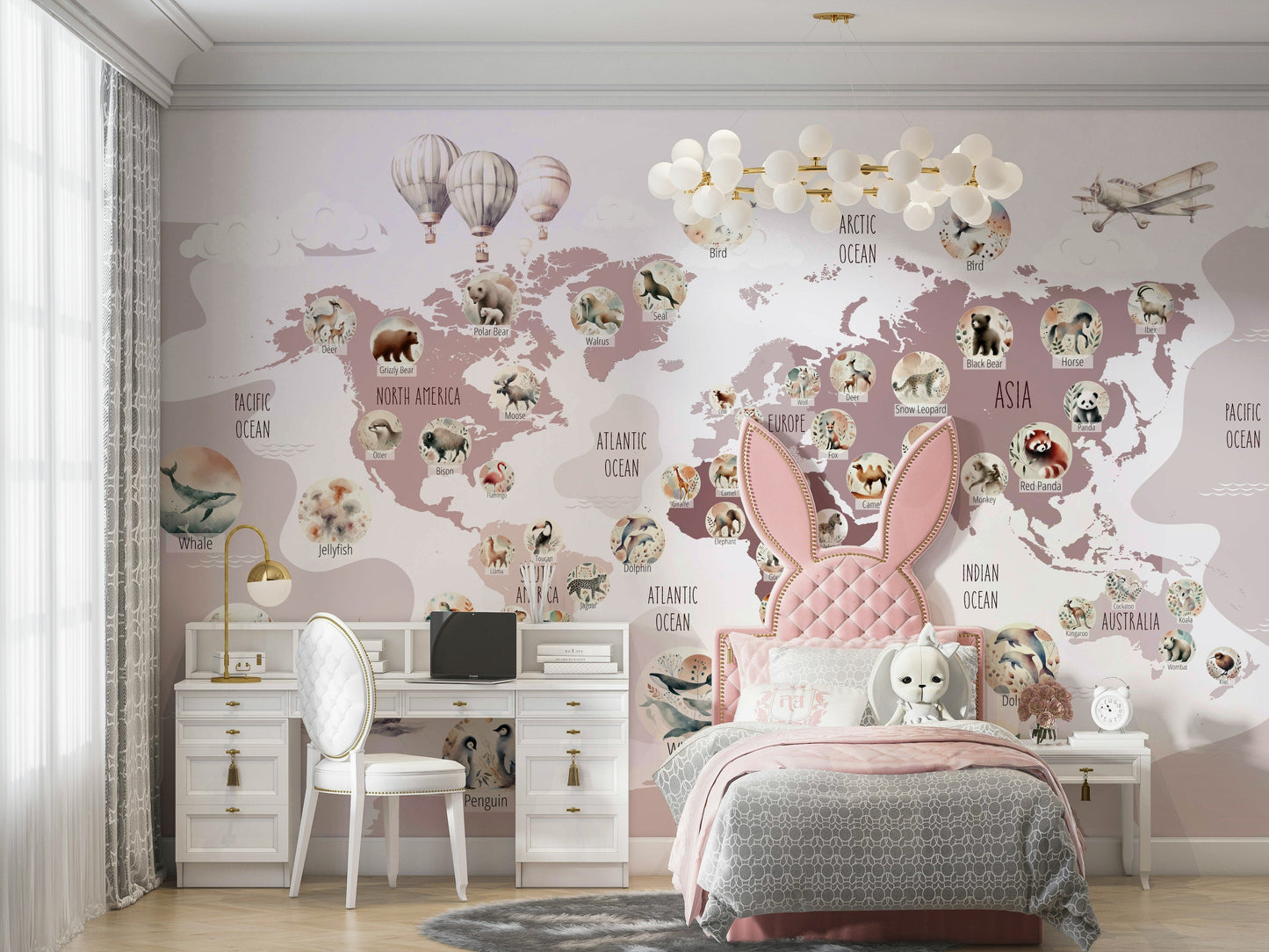 Delightful Wildlife World Map playful mural