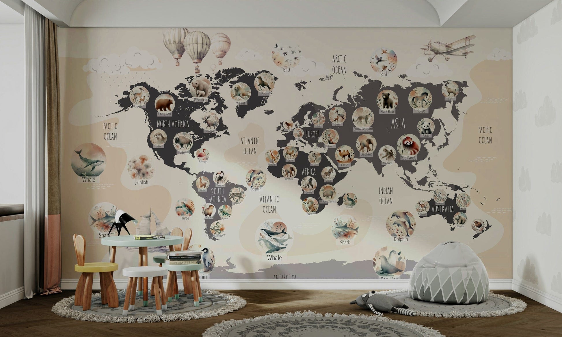 A stylish animal map wallpaper for a kid's room.


