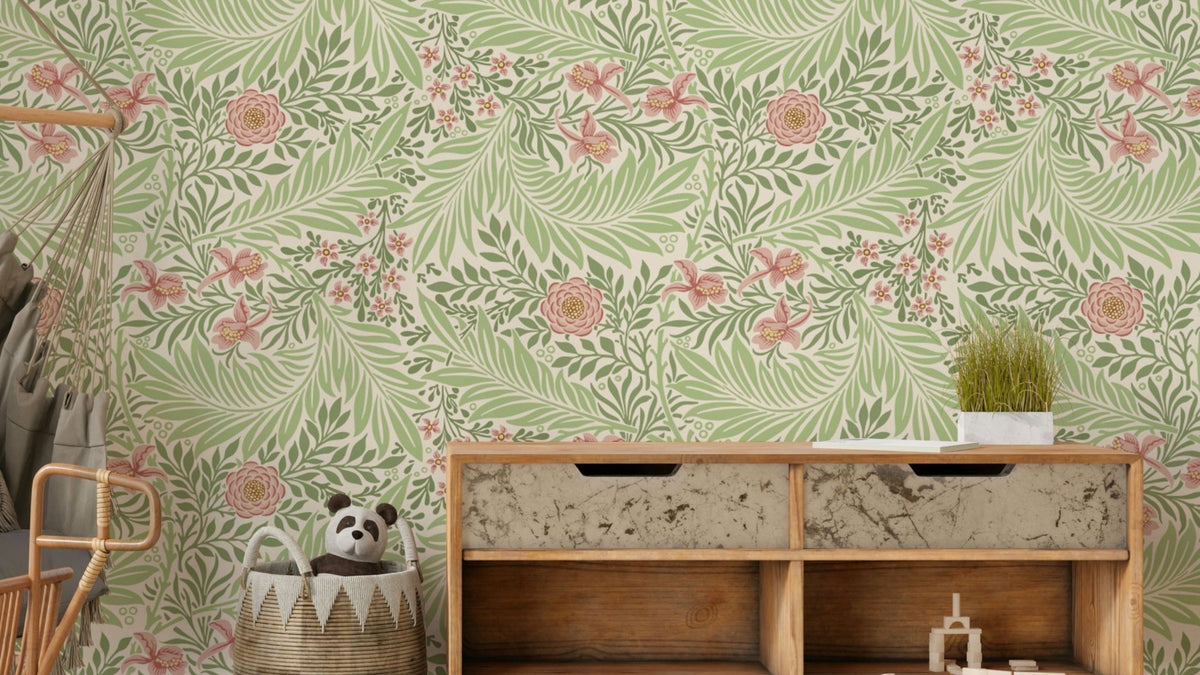 A wallpaper featuring a classic, intricate floral pattern.

