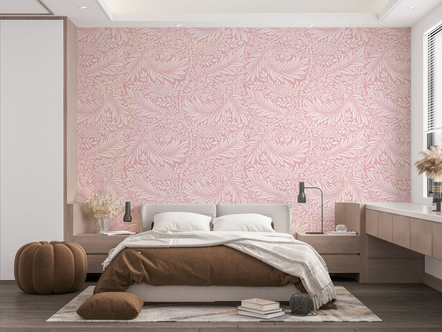 The image shows a repeating design of larkspur flowers and leaves.

