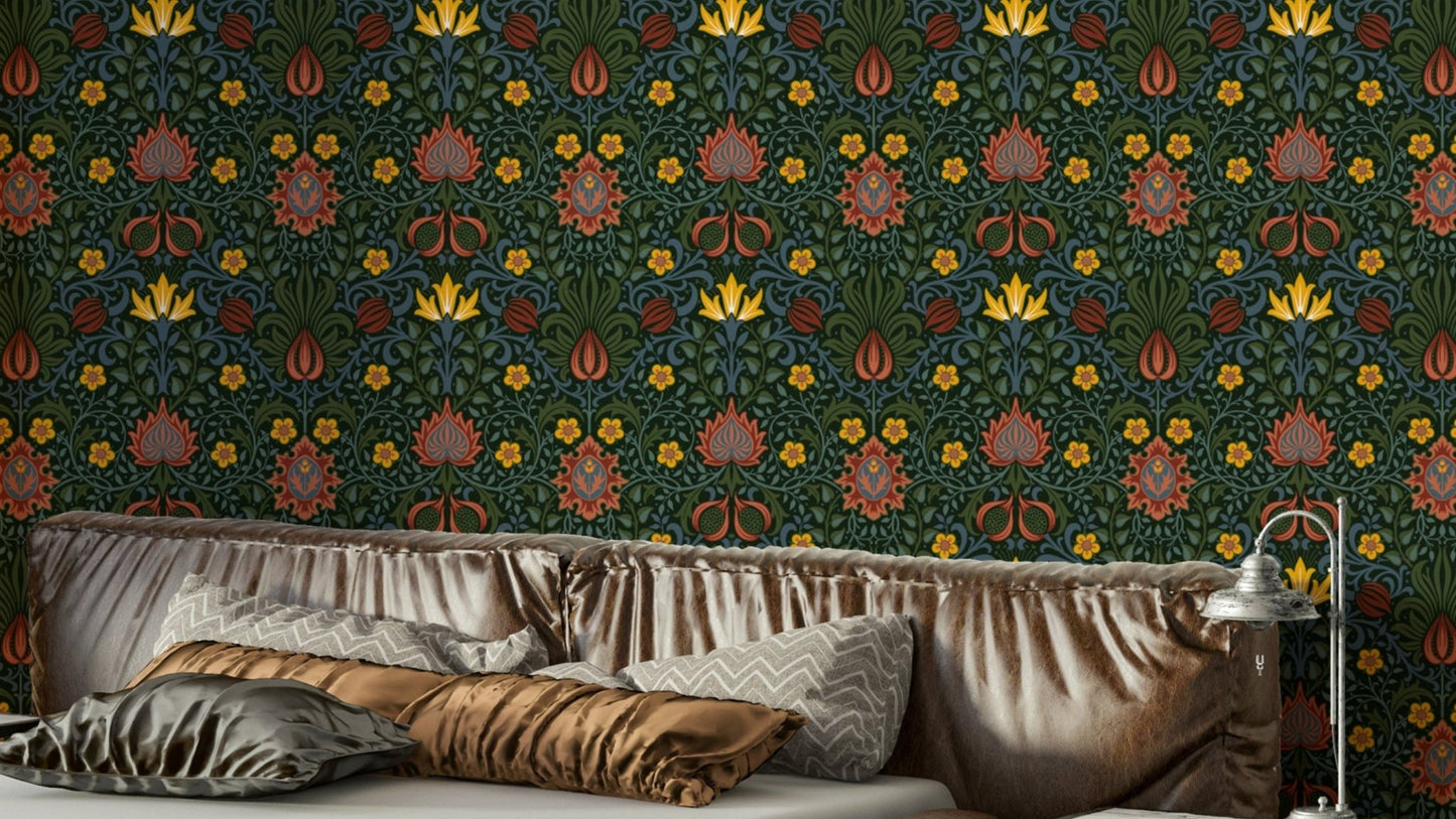 A wallpaper featuring a classic, intricate floral pattern.

