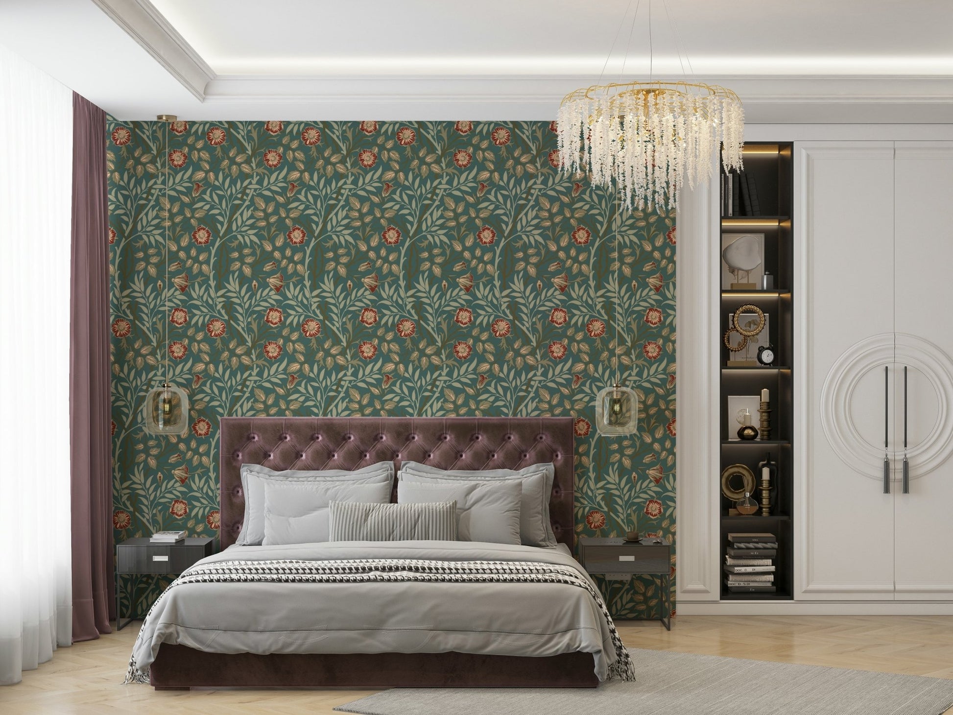 A wallpaper featuring a classic, intricate floral pattern.

