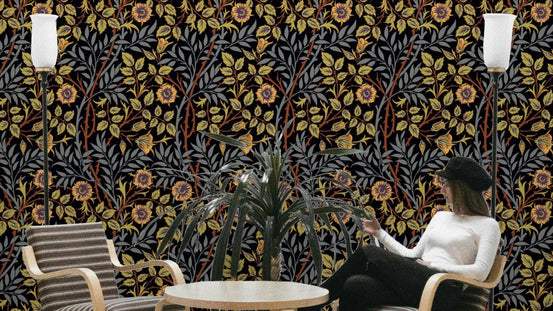 A wallpaper featuring a classic, intricate floral pattern.

