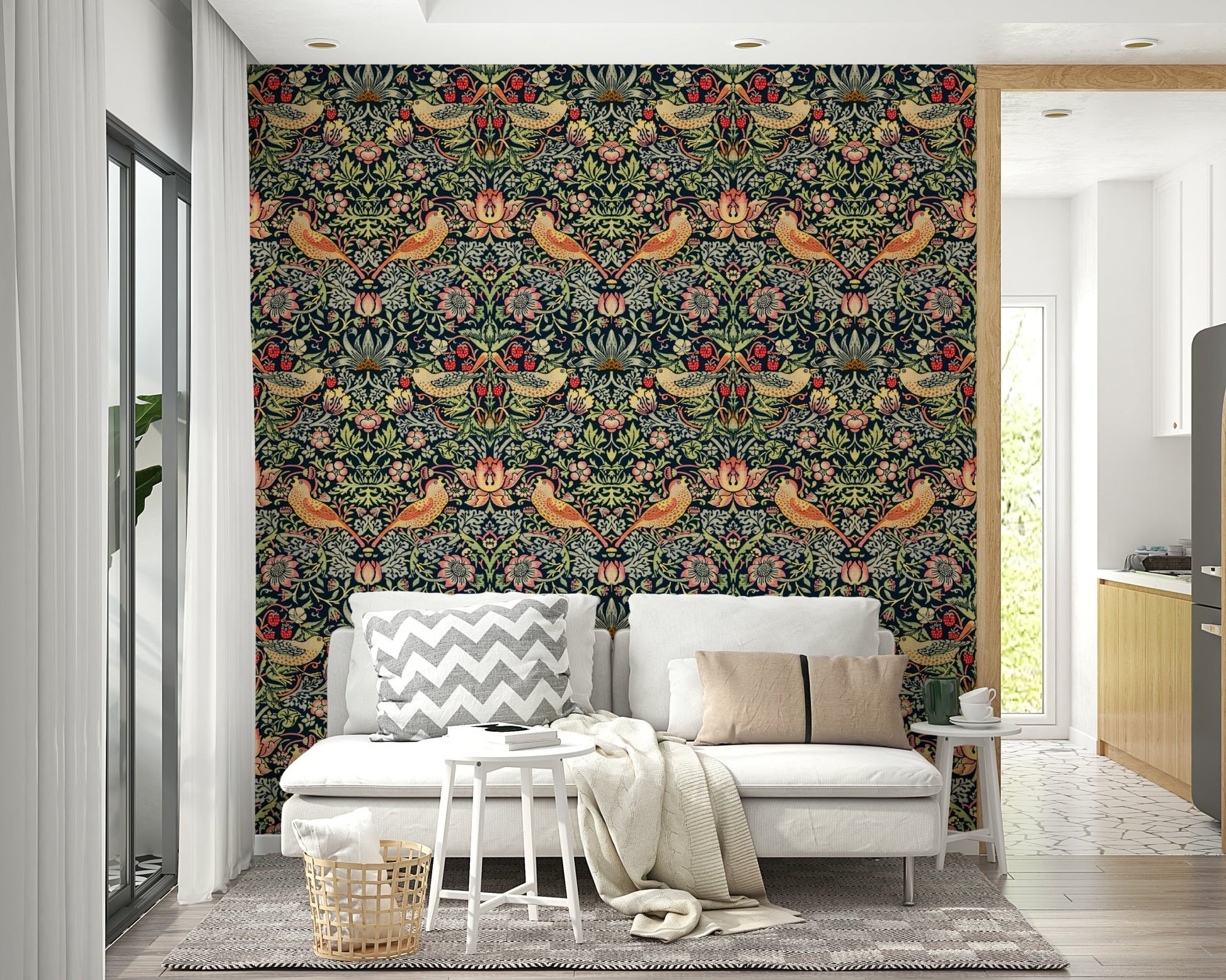 The image shows a repeating design of birds, vines, and strawberries.

