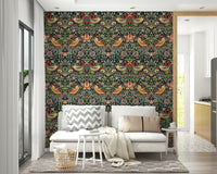 The image shows a repeating design of birds, vines, and strawberries.

