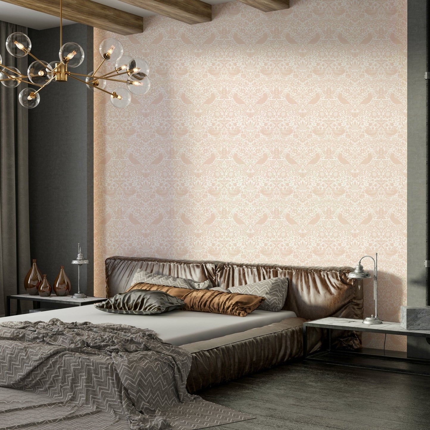 The wallpaper is installed in a classic, elegant living room.

