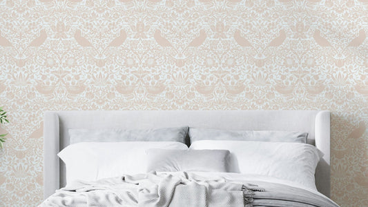 The colors are soft and neutral, with a dominant pink and white.

