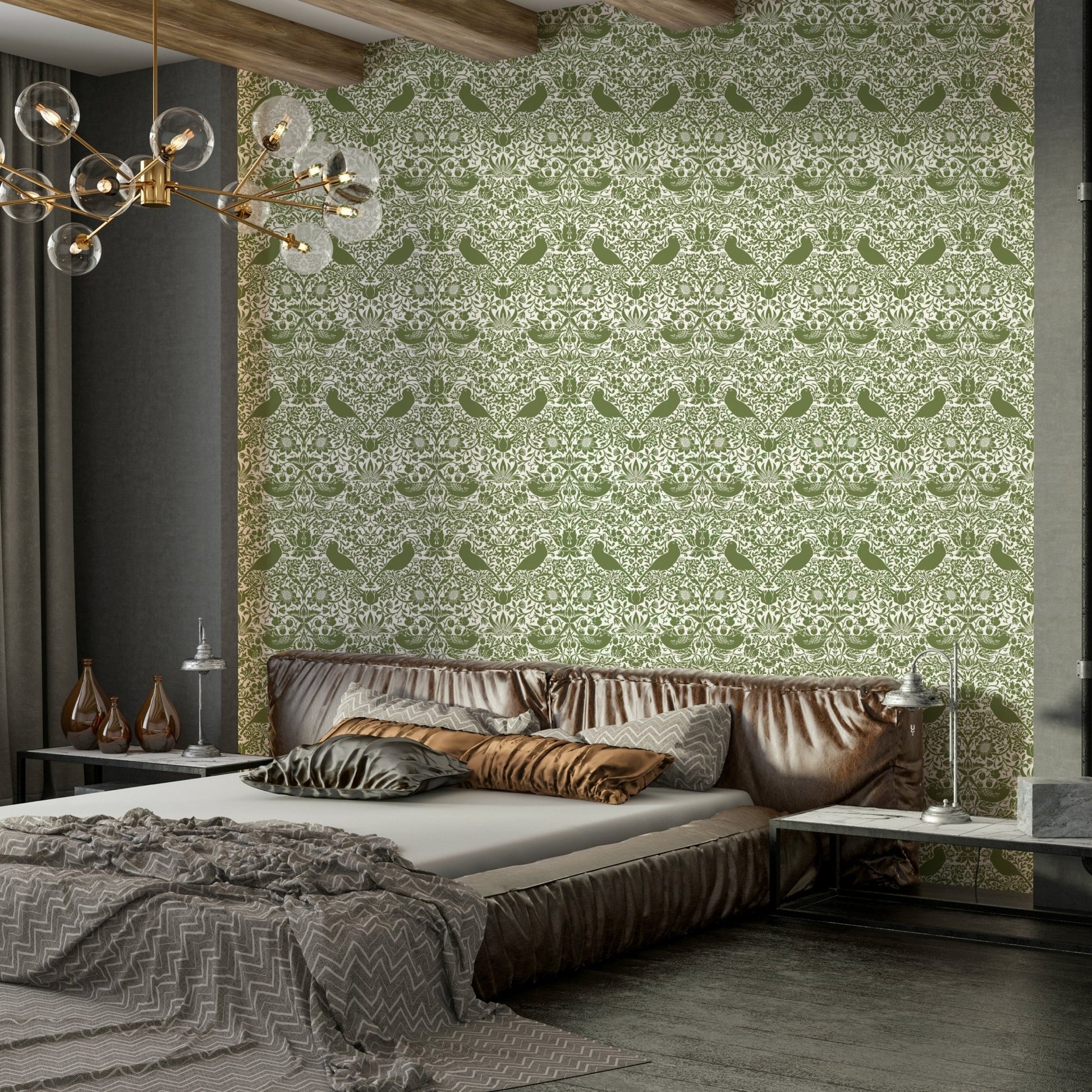 The wallpaper is installed in a classic, elegant living room.

