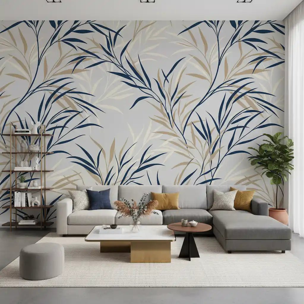 Minimal leaf wall mural with willow branches and neutral tones