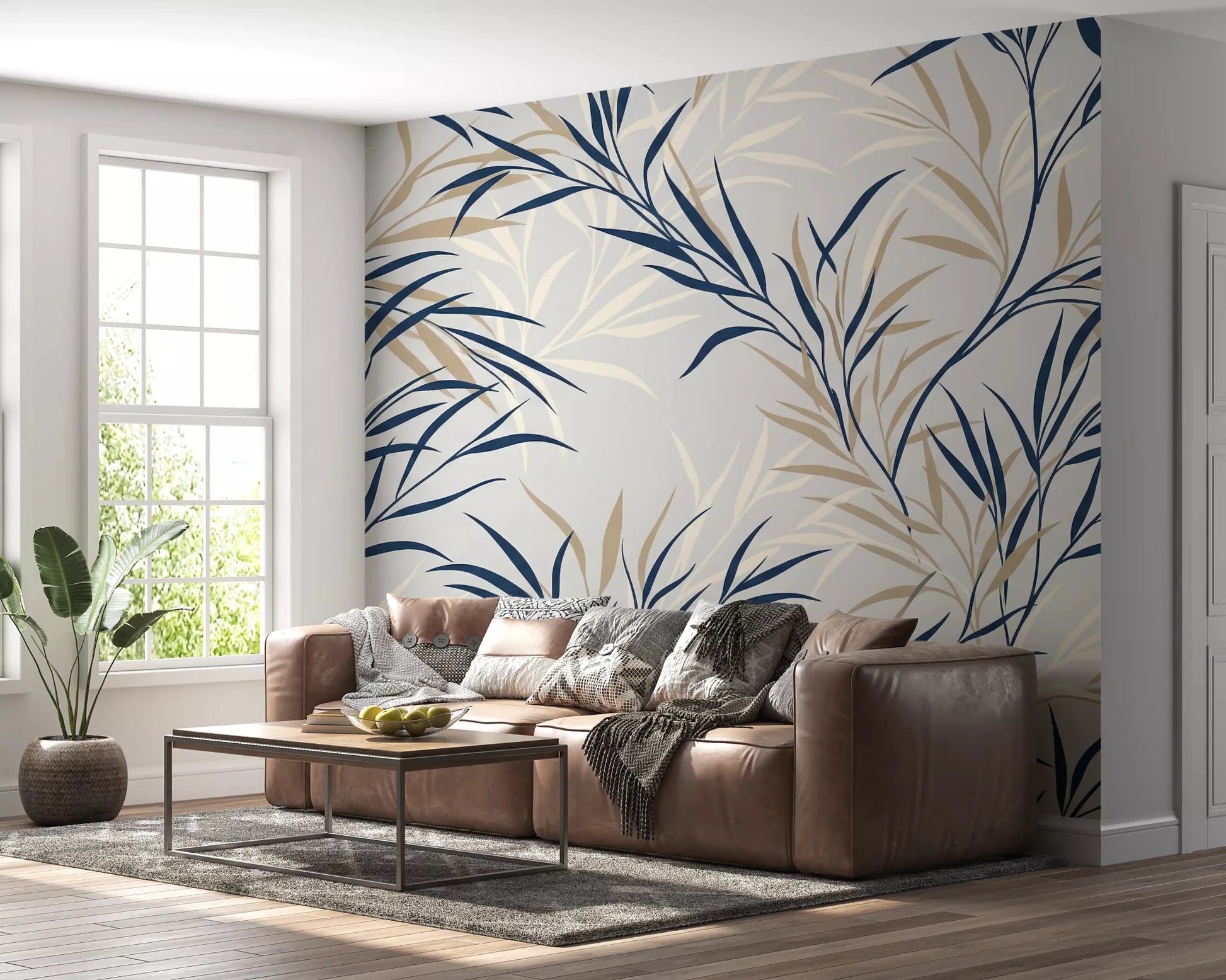 Hallway willow leaf wall mural with neutral beige background