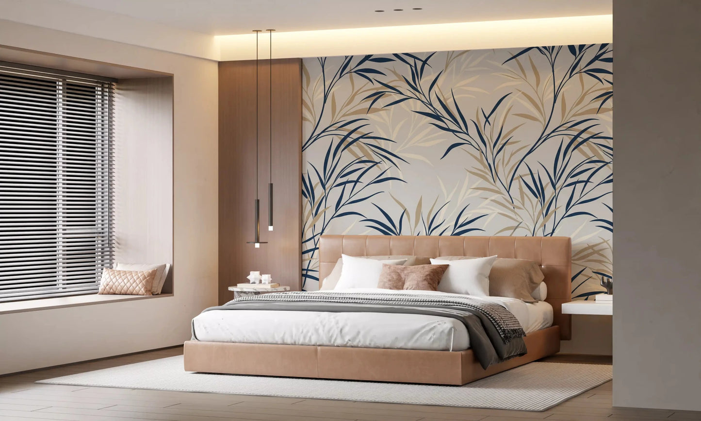 Bedroom botanical wall mural with soft willow branch design