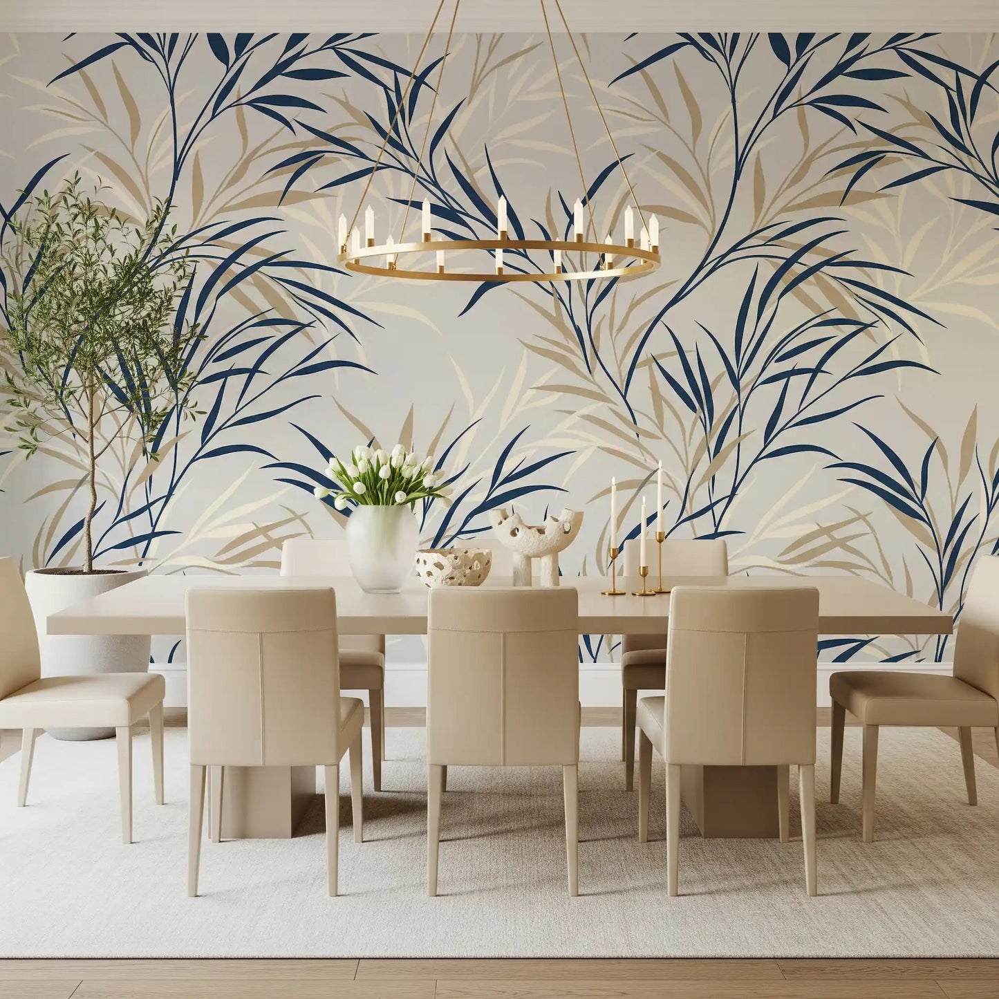 Willow branch wall mural with subtle botanical leaf design